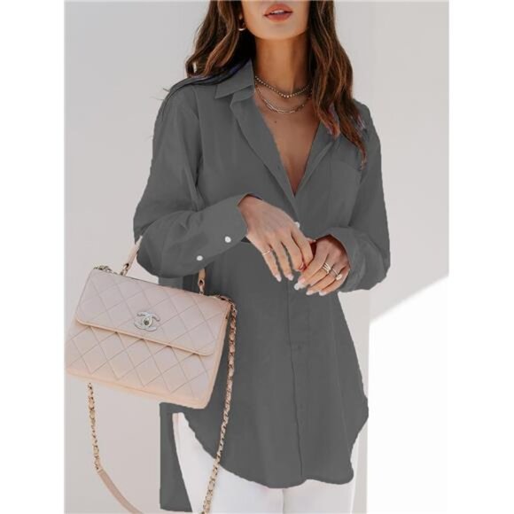 Womens Button Down Shirts Long Sleeve Grey - Picture 3 of 4